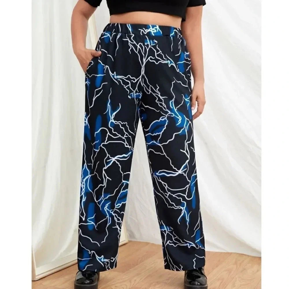 Shein Lightening Bolt Print Pants Black Blue Size XL